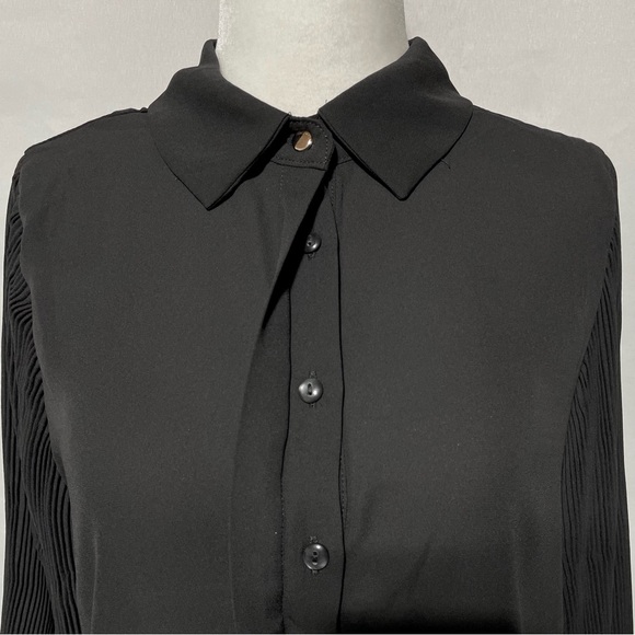 New Area Stars Pleated Puff Sleeve Button Down Blouse Lee Black Size Large - Picture 5 of 16